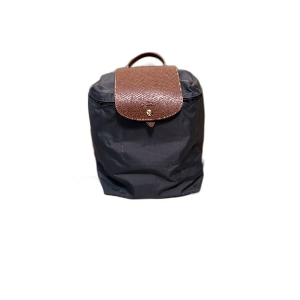Longchamp Le Pliage Grey Nylon Brown Leather Backpack Travel Daypack Foldable